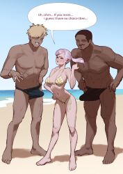 1girl 2boys absurdres beach bikini black_clover blush breasts bulge closed_eyes dark-skinned_male dark_skin english_text erection erection_under_clothes grey_hair highres imminent_penetration large_breasts multiple_boys noelle_silva size_difference speech_bubble swimsuit text_focus twintails wjs07