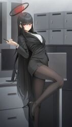 absurdres black_hair black_pantyhose black_shirt black_skirt blue_archive gileu halo high_heels highres holding holding_pen knee_up long_hair office office_lady pantyhose pen red_eyes rio_(blue_archive) shirt skirt