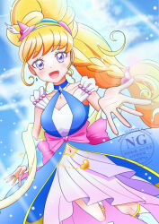 1girl absurdres birthday blonde_hair blue_arm_warmers blue_choker blue_shirt braid breasts choker cure_miracle cure_miracle_(sapphire_style) earrings folded_braid hair_ornament happy_birthday hat heart highres jewelry long_hair looking_at_viewer magical_girl mahou_girls_precure! medium_breasts mini_hat mini_witch_hat navel pink_hat pink_skirt ponytail precure purple_eyes shirt skirt smile user_pzkn7528 wide_ponytail witch_hat