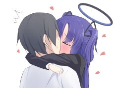 Rule 34 | arms behind head, black hair, blue archive, blue hair, closed eyes, halo, highres, kiss, mendako1208, sensei (blue archive), shirt, surprised, white background, white shirt, yuuka (blue archive)