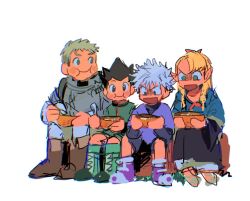 1girl 3boys armor black_hair black_shirt blonde_hair blue_eyes blue_shirt boots bow bowl breastplate brown_footwear chewing crossover disgust docoe_dot dungeon_meshi elf gon_freecss green_jacket grey_eyes hair_bow holding holding_bowl hunter_x_hunter jacket killua_zoldyck laios_touden long_sleeves looking_at_food marcille_donato multiple_boys open_mouth parted_bangs pointy_ears red_bow shirt shoes short_hair side-by-side side_part simple_background sitting sketch skirt sneakers spiked_hair twintails white_background white_hair wide_sleeves