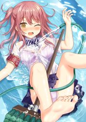 1girl @_@ absurdres animal_ears armband barefoot blush bow bra breasts broom brown_eyes brown_hair collared_shirt commentary_request diagonal-striped_bow dress_shirt fang hair_between_eyes highres horse_ears long_hair looking_at_viewer lying moe2022 on_back one_eye_closed one_side_up open_mouth original panties purple_bra purple_panties revision safety_pin school_uniform see-through_clothes shirt short_sleeves small_breasts soles solo underwear wet wet_clothes wet_shirt white_shirt yuusa