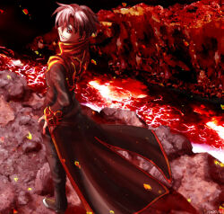 1boy black_coat black_pants coat commentary_request embers full_body gold_trim grey_hair grin lava long_sleeves looking_at_viewer makishi_yaichi male_focus multicolored_coat pants priest_(ragnarok_online) ragnarok_online red_coat red_eyes short_hair smile solo standing two-tone_coat volcano