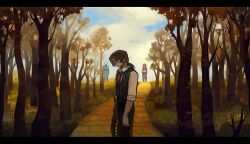 1girl 2boys black_pants black_vest brick_road brown_hair collared_shirt cowboy_shot flaw_eight forest glasses gregor_(project_moon) highres limbus_company long_hair looking_at_viewer low_ponytail multiple_boys nature necktie pants parted_bangs pink_hair ponytail project_moon red_necktie shirt tomah_(project_moon) tree vest white_shirt yuri_(project_moon)