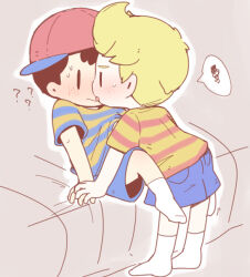 awkward bad_tag bed black_hair blush child embarrassed hat hug inminent_sex kiss legs lucas_(mother_3) lying mother_(series) mother_2 mother_3 nervous ness_(mother_2) nintendo ohana_sunflower on_bed shirt shorts shota smile socks super_smash_bros. sweat sweatdrop