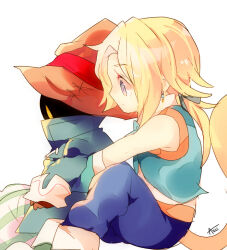 Rule 34 | 2boys, azu (kirara310), blonde hair, boots, coat, earrings, expressionless, final fantasy, final fantasy ix, gloves, hair tie, hat, jewelry, low ponytail, male focus, medium hair, monkey tail, multiple boys, pants, ponytail, profile, shirt, signature, sitting, striped clothes, striped pants, tail, vest, vivi ornitier, white background, wizard hat, yellow eyes, zidane tribal