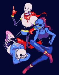 1girl 2boys beryllium_game blue_background blue_jacket blue_skin colored_skin eyepatch fins fish_girl gloves grin hand_on_own_hip head_fins head_on_hand hood index_finger_raised jacket lying multiple_boys on_stomach one_eye_closed papyrus_(undertale) pink_slippers red_gloves red_hair red_scarf sans_(undertale) scarf sharp_teeth simple_background sitting skeleton slippers smile teeth undertale undyne