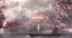 00 1boy 1girl ajirogasa blurry boat cherry_blossoms fog hat highres looking_away muted_color oil-paper_umbrella original river scenery silhouette standing stone_lantern straw_hat tree umbrella water watercraft