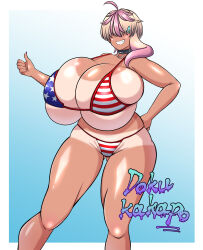 1girl american_flag_bikini american_flag_print bikini blonde_hair blue_background breasts bursting_breasts choker codeorange162 deep_skin ear_piercing facing_viewer female_focus flag_print gigantic_breasts gradient_background grin gyaru hand_on_own_hip hidden_eyes highres hoshizaki_mika micro_bikini original piercing pink_hair print_bikini shiny_skin skindentation smile solo standing swimsuit tan tanline thick_thighs thighs thumbs_up underboob wide_hips