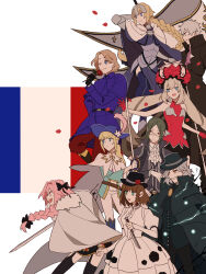 1other 3girls 5boys absurdres androgynous armor ascot astolfo_(fate) axis_powers_hetalia blonde_hair blue_eyes braid braided_ponytail cape capelet charles-henri_sanson_(fate) charlotte_corday_(fate) charlotte_corday_(third_ascension)_(fate) chevalier_d&#039;eon_(fate) coat country_connection crossover dress edmond_dantes_(fate) facial_hair falling_petals fate/grand_order fate_(series) flag flower france_(hetalia) french_flag fur-trimmed_cape fur_trim glasses gloves goatee_stubble grey_hair hair_ribbon hat headpiece highres holding holding_flag holding_flower holding_knife holding_sword holding_weapon jacket jeanne_d&#039;arc_(fate) knife kome_043 long_hair long_sleeves marie_antoinette_(fate) multiple_boys multiple_girls open_mouth pants petals phantom_of_the_opera_(fate) pink_hair ribbon shirt short_hair single_braid smile stubble sword twintails weapon white_cape white_dress