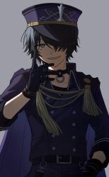 1boy belt black_gloves black_hair blue_eyes cape commentary gloves grey_background grin hair_between_eyes hair_over_one_eye hat highres hound_(rune_factory) looking_at_viewer male_focus military_uniform purple_hat rune_factory rune_factory:_guardians_of_azuma sharp_teeth shijima_(4jima) simple_background smile solo teeth upper_body