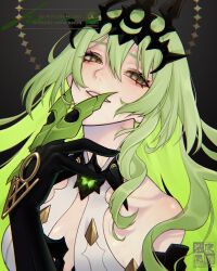 Rule 34 | 1girl, bare shoulders, black gloves, breasts, claw ring, commentary request, elbow gloves, english text, eyebrows hidden by hair, gloves, green eyes, green hair, grey background, hair between eyes, headpiece, highres, honkai (series), honkai impact 3rd, long hair, looking at viewer, medium breasts, mobius (honkai impact), smile, solo, thick eyebrows, upper body, very long hair, watermark, yokaze (xxxdisxxx)