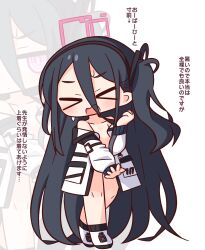 Rule 34 | &gt; &lt;, 1girl, bare shoulders, black hair, black hairband, black socks, blue archive, blush, closed eyes, collarbone, commentary request, facing viewer, full body, hair between eyes, hairband, halo, hana kazari, hand up, highres, jacket, kei (blue archive), long hair, long hair between eyes, long sleeves, naked jacket, one side up, open clothes, open jacket, open mouth, pink halo, shoes, simple background, socks, solo, standing, translation request, very long hair, white background, white jacket, white shoes