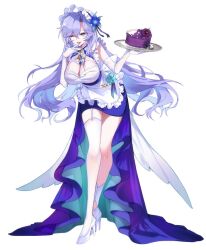 1girl 89_zjal alternate_costume apron asymmetrical_legwear blue_dress blue_eyes blue_flower breasts cake cantarella_(wuthering_waves) cleavage commentary_request dress elbow_gloves enmaided facial_mark finger_to_mouth flower food full_body gloves hair_between_eyes hair_flower hair_ornament headdress high-low_dress high_heels holding holding_tray kneehighs korean_commentary large_breasts legwear_cutout long_hair looking_at_viewer maid mark_under_eye one_eye_closed purple_hair shoes simple_background single_kneehigh single_sock single_thighhigh socks standing thighhighs thighs tongue tongue_out tray uneven_legwear very_long_hair waist_apron white_background white_gloves white_shoes white_socks white_thighhighs wuthering_waves