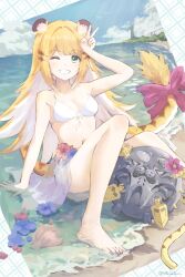 1girl absurdres animal_ears barefoot bikini blonde_hair blue_sky bow breasts cloud commentary_request day feet flower green_eyes grin highres ju_fufu knees_up lighthouse loli long_hair looking_at_viewer melon_(melontsai) navel ocean one_eye_closed outdoors pink_bow shallow_water sky small_breasts smile solo stomach swimsuit tail tail_bow tail_ornament thighs tiger_ears tiger_girl tiger_tail toes v very_long_hair water white_bikini zenless_zone_zero