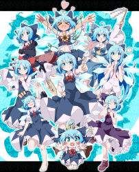 Rule 34 | &gt; &lt;, 6+girls, :d, ?, absurdres, advent cirno, ahoge, alternate color, alternate hair length, alternate hairstyle, aqua bow, arm up, arms up, ascot, barefoot, black gloves, blouse, blue background, blue bow, blue dress, blue eyes, blue hair, blue panties, blue shirt, blue skirt, blush stickers, bow, bowtie, breasts, brown footwear, chibi, circled 9, cirno, closed eyes, closed mouth, collarbone, collared shirt, commentary request, cosplay, crown, detached sleeves, do (4-rt), dress, fang, flower, frilled bow, frilled dress, frilled shirt collar, frilled sleeves, frills, gloves, gohei, hair bow, hakurei reimu, hakurei reimu (cosplay), hand on own hip, heart, heart ahoge, heart in mouth, highres, holding, holding behind back, holding sword, holding sword behind back, holding weapon, holding weapon behind back, index finger raised, leg up, letterboxed, loafers, long hair, long sleeves, looking at viewer, midriff, multiple girls, multiple persona, navel, neck ribbon, no pants, nontraditional miko, notice lines, one eye closed, open mouth, outside border, outstretched arm, outstretched arms, panties, pinafore dress, pink flower, plant, player 2, puffy short sleeves, puffy sleeves, purple bow, purple dress, purple eyes, red bow, red ribbon, ribbon, shirt, shoes, short hair, short sleeves, skirt, sleeveless, sleeveless dress, small breasts, smile, sparkle, spoken question mark, squiggle, standing, standing on one leg, star (symbol), striped clothes, striped panties, sunflower, sword, symbol-shaped pupils, tan, tanline, tanned cirno, touhou, underwear, undone neck ribbon, vines, weapon, white shirt, wide sleeves, wing collar, wings, xd, yellow neckwear