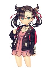 1girl asymmetrical_bangs backpack bag black_choker black_hair black_jacket choker closed_mouth cowboy_shot dress earrings eyelashes green_eyes hair_ribbon highres jacket jewelry long_sleeves looking_at_viewer marnie_(pokemon) mipokec nintendo open_clothes open_jacket pink_dress pokemon pokemon_swsh red_bag red_ribbon ribbon short_hair solo twintails twitter_username white_background