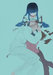 1boy 1girl amemiya_darumi aotsuki_eito barefoot black_boots black_hair black_skirt blue_hair boots bow closed_eyes collar collarbone cuddling glasses gloves grey_hair hair_bow hair_down heart jacket knee_boots lying_on_person makeup multicolored_hair pants pink_thighhighs pleated_skirt removed_clothing removed_eyewear removed_headwear runny_makeup safety_pin shirt simple_background sitting skirt striped_clothes striped_shirt the_hundred_line_-last_defense_academy- thighhighs unworn_bow unworn_gloves white_background white_jacket white_pants