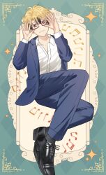 1boy absurdres alternate_costume alternate_hairstyle bad_link black_hair black_shoes blonde_hair blue_pants highres lawless_(servamp) male_focus multicolored_hair musical_note pants red-framed_eyewear red_eyes servamp shoes short_hair sparkle two-tone_hair uruzuy
