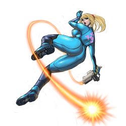 13th_clown 1girl ass blonde_hair blue_eyes breasts energy_whip from_below gun handgun long_hair looking_at_viewer looking_back looking_down metroid nintendo pistol ponytail samus_aran simple_background super_smash_bros. tanita weapon white_background zero_suit