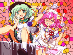 2girls apron bowl chocolate female_focus flx green_eyes green_hair hat headdress highres komeiji_koishi komeiji_satori mosaic_background multiple_girls open_mouth pink_eyes pink_hair pot sexually_suggestive siblings sisters spatula stained_glass touhou white_chocolate