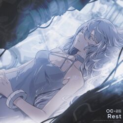 1girl bracelet breasts closed_eyes closed_mouth commentary cracked_skin death dress english_commentary hair_between_eyes hands_on_own_stomach highres hinayuri jewelry long_hair lying machinery on_back original small_breasts solo upper_body white_dress white_hair