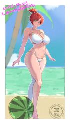 absurdres armpits ball beach beachball bikini blue_eyes blue_sky blush border boudica_(fate) breasts cleavage closed_mouth cloud collarbone english_text fate/grand_order fate_(series) food fruit highres large_breasts looking_to_the_side navel o-ring o-ring_bikini ocean palm_tree ponytail red_hair short_ponytail sky sunlight swimsuit thighs tree watermelon white_bikini white_border zumizu