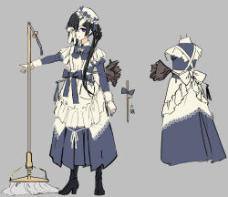 1girl black_hair breasts dress eyepatch fate/grand_order fate_(series) hat hiroyama_hiroshi long_hair looking_at_viewer mob_cap mochizuki_chiyome_(fate) mop multiple_views purple_eyes small_breasts solo very_long_hair