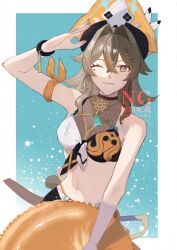 1girl ;) absurdres bikini blue_background border breasts brown_hair commentary_request gloves grey_eyes hat highres holding holding_swim_ring honkai_(series) honkai_impact_3rd innertube medium_breasts medium_hair multicolored_bikini navel nzg_09 official_alternate_costume one_eye_closed pirate_hat single_glove smile solo stomach swim_ring swimsuit sword two-tone_bikini vill-v vill-v_(i&#039;m_the_storm) weapon white_border white_gloves