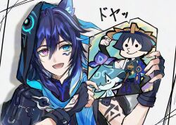 1boy animal_ear_fluff animal_ears ararycan_(genshin_impact) arm_behind_back arm_tattoo arm_up bat_ears belt black_belt black_bodysuit black_bow black_bridal_gauntlets black_gloves black_hair black_hood black_jacket black_shorts blue_cape blue_eyes blue_gemstone blue_hat blue_hood blue_kimono blue_scarf blue_sleeves blunt_ends bodysuit bow bridal_gauntlets cape closed_mouth creature double-parted_bangs facial_mark feathers fingerless_gloves fingernails gem genshin_impact glove_belt glove_cutout gloves gold gold_ring grey_hair hair_between_eyes han&#039;eri hand_tattoo hat heterochromia highres holding holding_photo hood hood_up hooded_jacket jacket japanese_clothes jingasa kimono layered_kimono layered_sleeves mandarin_collar middle_ring multicolored_hair o-ring o-ring_belt o_o open_clothes open_kimono open_mouth ororon_(genshin_impact) photo_(object) pink_eyes pom_pom_(clothes) purple_hair purple_rope purple_sash rope sash scaramouche_(genshin_impact) scarf short_sleeves shorts shoulder_peek sidelocks sketch smile streaked_hair tassel tattoo two-sided_hood vision_(genshin_impact) wanderer_(genshin_impact) white_kimono white_sleeves yellow_feathers yozora_9089