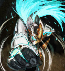 Rule 34 | blue fire, clenched hand, fighting stance, fire, fujimi no buruusu, gunvarrel, looking at viewer, mecha, no humans, punching, robot, robotics;notes, science adventure