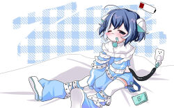 1boy 2000s_(style) animal_ears bandaid bandaid_on_face cat_ears handheld_game_console highres indie_virtual_youtuber male_focus nintendo_ds nyaonix robot_ears short_twintails sitting trap twintails utau