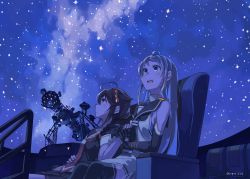 2girls ahoge blue_theme braid chair commentary_request dome elbow_gloves fingerless_gloves gloves hair_flaps hair_ornament hair_over_shoulder highres holding_hands indoors kantai_collection long_hair looking_up multiple_girls neckerchief necktie planetarium projector sailor_collar samidare_(kancolle) school_uniform serafuku shigure_(kancolle) shirt single_braid sky sleeveless sleeveless_shirt star_(sky) starry_sky sugue_tettou swept_bangs thighhighs very_long_hair