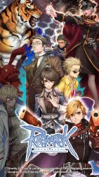 3girls 5boys aas_(ragnarok_online) animal_ears belt black_coat black_hat black_necktie blazer blonde_hair blue_coat breasts brown_belt brown_eyes brown_hair buttons chain closed_mouth coat collared_shirt copyright_notice double-breasted dual_wielding eliumina emblem epaulettes est_loveroy formal_clothes furry furry_male glasses gold_trim gonie_(ragnarok_online) green_eyes grey-framed_eyewear grey_hair grey_jacket gun hair_between_eyes handgun hat highres holding holding_gun holding_weapon jacket kaya_tos lazy_(ragnarok_online) logo long_bangs looking_afar looking_at_viewer lucky_(ragnarok_online) medium_breasts messy_hair miguel_(ragnarok_online) military_hat military_uniform monocle multiple_boys multiple_girls necktie nikai_(game_artist) official_art official_wallpaper opaque_monocle open_clothes open_coat open_mouth popped_collar purple_eyes ragnarok_online rebellion_(ragnarok_online) serious shirt short_bangs short_hair smile stuffed_animal stuffed_rabbit stuffed_toy suit sunglasses tiger_boy tiger_ears upper_body weapon white_coat yellow_shirt
