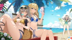 Rule 34 | 3girls, absurdres, ahoge, alternate costume, aqua eyes, arm around neck, artoria pendragon (fate), ball, barefoot, beach, belt, bikini, black belt, black hairband, black ribbon, black shirt, blonde hair, blue bikini, blue bow, blue hair, blue one-piece swimsuit, blue shorts, blue sky, blush, bow, bowtie, braid, breasts, bubble, closed mouth, cloud, cloudy sky, collarbone, commentary, covered navel, crossed legs, day, denim, eyewear on head, faceless, fate/stay night, fate/unlimited blade works, fate (series), feet out of frame, firefly (honkai: star rail), flower, food, gradient hair, grey hair, hair between eyes, hair bun, hair ornament, hair ribbon, hairband, half-closed eyes, hand up, heart, heart-shaped eyewear, highres, holding, holding food, holding popsicle, holding surfboard, holding water gun, honkai: star rail, honkai (series), jewelry, leaf, leaf hair ornament, leg ribbon, long hair, looking at another, looking at viewer, medium breasts, multicolored hair, multiple girls, navel, necklace, ocean, on bench, one-piece swimsuit, open clothes, open shirt, orange bow, orange bowtie, palm leaf, palm tree, pink flower, popsicle, ribbon, rose, saber (fate), saber (honkai: star rail) (fate), sailor collar, sand, shirt, short hair, short shorts, short sleeves, shorts, sidelocks, sitting, sky, smile, stelle (honkai: star rail), summer, sunglasses, surfboard, sweat, swimsuit, towel, trailblazer (honkai: star rail), tree, unfinished, water gun, wavy hair, wellsy, white flower, white rose, white shirt, yellow-framed eyewear, yellow bikini, yellow eyes