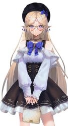 1girl alternate_costume bare_shoulders bespectacled black_hat black_skirt blonde_hair blue_bow blue_eyes bow breasts cartethyia_(wuthering_waves) choker closed_mouth commentary cowboy_shot earrings fingernails glasses hanato_(seonoaiko) hat hat_bow highres jewelry light_blush long_hair long_sleeves looking_at_viewer nail_polish parted_bangs pointy_ears shirt sidelocks simple_background skirt small_breasts smile solo tacet_mark_(wuthering_waves) very_long_hair white_background white_nails white_shirt wuthering_waves