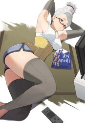 1girl alternate_breast_size armpits ass ayase_seiko breasts closed_mouth controller cowboy_shot cracker dandadan dolphin_shorts elbow_gloves food glasses gloves grey_gloves grey_thighhighs highres jiuzaiqianjitian looking_at_viewer lying mature_female medium_breasts on_side red-framed_eyewear remote_control short_shorts shorts snack solo tank_top television thighhighs thighs toeless_legwear white_background white_tank_top