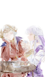 2girls blunt_bangs cape closed_mouth collared_cape commentary couple cup detached_collar double_bun dress edelgard_von_hresvelg edelgard_von_hresvelg_(timeskip) fake_horns fire_emblem fire_emblem:_three_houses food from_side gloves hair_bun hair_down hands_up head_rest head_tilt headpiece high_collar highres holding holding_cup horns light_smile long_hair long_sleeves looking_at_another looking_to_the_side lysithea_von_ordelia lysithea_von_ordelia_(timeskip) maouasuka multiple_girls nintendo pink_eyes puffy_long_sleeves puffy_sleeves purple_eyes purple_hair red_cape red_dress shade sidelocks simple_background sitting sweets symbol-only_commentary table teacup teapot white_background white_hair wide_sleeves yuri