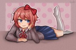? alone_on_a_friday_night?_(meme) artist_name blazer blue_eyes blue_skirt blush bow brown_jacket brown_sweater_vest commentary doki_doki_literature_club doki_doki_literature_club_school_uniform english_commentary fill_feels grey_jacket hair_bow highres jacket looking_at_viewer meme neck_ribbon orange_sweater_vest orange_vest pink_hair polka_dot polka_dot_background red_ribbon ribbon sayori_(doki_doki_literature_club) school_uniform skirt smile socks sweater_vest textless_version vest white_socks