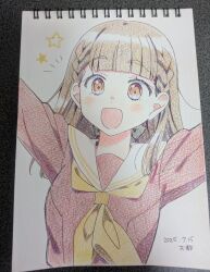 Rule 34 | 1girl, arms up, artist name, artist request, braid, breasts, brown hair, center-flap bangs, commentary request, dated, dress, hasu no sora school uniform, highres, kachimachi kosuzu, link! like! love live!, looking at viewer, love live!, medium breasts, neckerchief, orange eyes, sailor collar, sailor dress, school uniform, second-party source, side braids, solo, star (symbol), traditional media, virtual youtuber, white sailor collar, winter uniform, yellow neckerchief