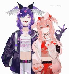 2girls belt black_belt black_choker black_jacket blue_eyes choker chunbuchou dated hair_ornament hand_in_pocket head_tilt head_wings heterochromia highres jacket kuromi lip_piercing long_hair midriff multiple_girls my_melody navel nijisanji nijisanji_en onegai_my_melody pants piercing pink_hair pink_jacket pointy_ears purple_eyes purple_hair purple_pants red_skirt rosemi_lovelock sanrio selen_tatsuki skirt skull_hair_ornament virtual_youtuber wings