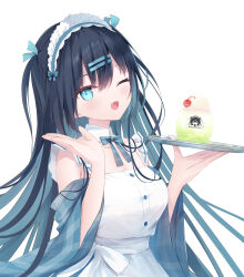 1girl ;d bare_shoulders black_hair blue_bow blue_eyes blue_hairband blue_ribbon bow breasts cherry cleavage collarbone commentary_request dress fang food frilled_hairband frills fruit hair_between_eyes hair_ornament hair_ribbon hairband hairclip hands_up highres holding holding_tray humuyun long_hair long_sleeves looking_at_viewer medium_breasts one_eye_closed open_mouth original plaid_bow ribbon simple_background smile solo tray two_side_up very_long_hair white_background white_dress wide_sleeves