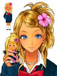 1girl bingi blonde_hair blue_eyes character_doll chibi chibi_inset doll earrings flower gyaru hair_flower hair_ornament highres holding holding_doll irasutoya jewelry kogal lipstick long_hair long_sleeves loose_socks makeup original pink_nails school_uniform smile socks stud_earrings tan upper_body white_background