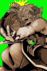 2girls arm_up armband armor breasts coat cowboy_shot don_quixote_(project_moon) e.g.o_(project_moon) flower green_background highres hino_888 horns huge_breasts lantern_(e.g.o) large_breasts light_bulb limbus_company long_sleeves magic_bullet_(e.g.o) multiple_girls necktie open_mouth orange_eyes outis_(project_moon) project_moon sharp_teeth sheep_horns shirt short_hair simple_background smile sparkle spot_color teeth