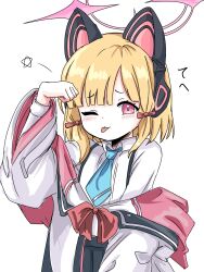 Rule 34 | 1girl, ;3, ;p, animal ear headphones, animal ears, arm up, black skirt, blonde hair, blue archive, blue necktie, blunt bangs, blush, bow, cat ear headphones, cat ears, collared shirt, commentary request, fake animal ears, hair bow, halo, headphones, highres, hood, hood down, hooded jacket, jacket, layered sleeves, long sleeves, looking at viewer, low-tied sidelocks, momoi (blue archive), multicolored jacket, necktie, one eye closed, parted bangs, pink eyes, pink halo, pink jacket, raised inner eyebrows, red bow, shirt, short hair, sidelocks, simple background, skirt, solo, star (symbol), suspender skirt, suspenders, tachikaze miyako, tongue, tongue out, upper body, white background, white jacket, white shirt, wide sleeves