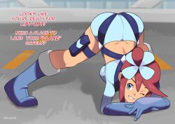 1girl ass atramada blue_eyes boots breasts crop_top dark-skinned_female dark_skin english_text gloves highres jack-o&#039;_challenge long_hair nintendo one_eye_closed pavement pokemon pokemon_bw red_hair sexually_suggestive shorts skyla_(pokemon) teeth thigh_strap wink