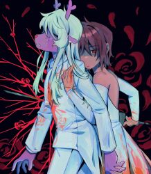 1girl 1other animal_ears antlers backstab blonde_hair blood blood_on_clothes brown_hair coattails commentary deer_antlers deer_ears deer_girl deltarune dress flower formal_clothes furry furry_female goomyloid highres holding holding_sword holding_weapon horns jacket kris_(deltarune) long_hair long_sleeves noelle_holiday pants red_eyes red_flower red_petals red_rose rose short_hair shoujo_kakumei_utena spoilers stab suit suit_jacket sword symbol-only_commentary weapon weird_route_(deltarune) white_dress white_jacket white_pants white_suit