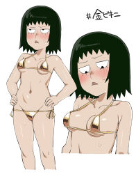 ax_g90 bikini black_hair blush breasts chestnut_mouth eyelashes gold_bikini golden_week hands_on_own_hips highres kurata_tome medium_hair micro_bikini mob_face mob_psycho_100 navel side-tie_bikini_bottom simple_background small_breasts sweat swimsuit white_background