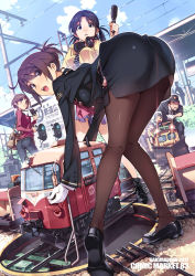 Rule 34 | 10s, 2boys, 3girls, 4girls, :d, ascot, ass, bag, bent over, black eyes, black hair, black legwear, brown eyes, brown hair, camera, cloud, day, gloves, hair ornament, hairclip, headphones, kirenenko (usavich), looking at viewer, microphone, minimized, model, multiple boys, multiple girls, open mouth, original, pants, pantyhose, pencil skirt, power lines, rail wars!, railroad tracks, revision, short hair, skirt, sky, smile, train, train attendant, travel attendant, twintails, uniform, usavich, vania600, white gloves