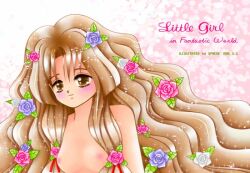1990s_(style) 1girl artist_name bad_id blush breasts brown_eyes brown_hair closed_mouth commentary_request completely_nude dated dated_commentary english_text flower hair_flower hair_ornament long_hair looking_at_viewer nipples nude original pink_flower pink_rose purple_flower purple_rose retro_artstyle rose small_breasts smile solo sphere_(lr-project) upper_body very_long_hair white_flower white_rose